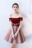 A Line Strapless Red Flowers Short Tulle Homecoming Dresses HZ0527