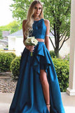 Two Pieces A-line Blue Sleeveless Slit Long Prom Dress,Woman Evening Dress HZ0527