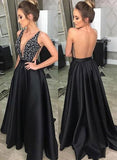 Black Deep V Neck Beading Prom Dress, A Line Evening Dresses With Pockets HZ0527