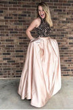High Neck Blush A Line Black Lace Sleeveless Prom Dress With Pockets HZ0527