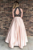 High Neck Blush A Line Black Lace Sleeveless Prom Dress With Pockets HZ0527