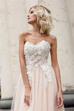 Beautiful A-Line Sweetheart Strapless Tulle Pearl Pink Long Prom Dress with Appliques HZ0527