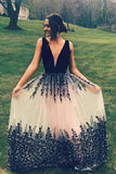 Charming V-Neck Long A Line Appliques Prom Dresses,Black Formal Evening Dress HZ0527