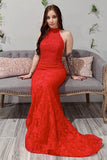 Red Lace Sheath Open Back Prom Dress, Mermaid Evening Dresses HZ0527