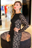 Black Lace Bateau Sheath Long Backless Plus Size Prom Dress HZ0527
