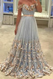 Light Blue Tulle Off The Shoulder Evening Gowns A Line Lace Appliques Prom Dress HZ0527