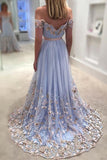 Light Blue Tulle Off The Shoulder Evening Gowns A Line Lace Appliques Prom Dress HZ0527