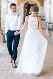 Simple Jewel Sleeveless Long Lace White Tulle A-line Wedding Dresses HZ0527