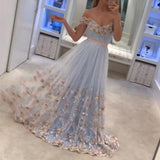 Light Blue Tulle Off The Shoulder Evening Gowns A Line Lace Appliques Prom Dress HZ0527
