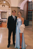 Promfast Light Blue Satin Split Long Simple Prom Dress Formal Party Dresses HZ0527