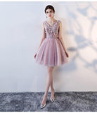 Pink A Line V Neck Flowers Short Homecoming Dresses,Mini School Dress HZ0527