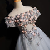 Cute Gray Off the Shoulder Floral Appliques A Line Tulle Homecoming Dresses HZ0527