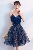 Navy Blue A Line Strapless Sequined Short Homecoming Dresses HZ0527