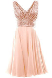 Cute Blush Pink V Neck Sleeveless Chiffon Short Bridesmaid Dress with Rose Gold Sequins HZ0527