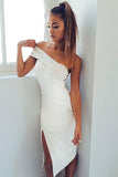 Sheath One Shoulder Satin Short Homecoming Dresses,Cocktail Party Dress with Split HZ0527