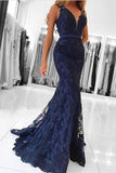 Elegant Navy Blue V Neck Long Lace Mermaid Prom Evening Dresses HZ0527