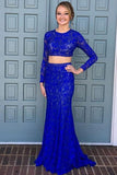 Elegant Sheath Scoop Neck Lace Beading Royal Blue Long Sleeve Two Piece Prom Dresses HZ0527