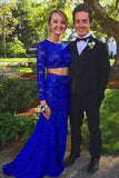 Elegant Sheath Scoop Neck Lace Beading Royal Blue Long Sleeve Two Piece Prom Dresses HZ0527