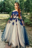 Promfast Unique Long Sleeve Off the Shoulder Tulle Long Prom Dresses, Blue Appliques Party Dresses HZ0527