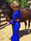 Elegant Sheath Scoop Neck Lace Beading Royal Blue Long Sleeve Two Piece Prom Dresses HZ0527