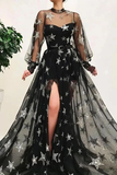 Promfast Popular Black Illusion Star Printed Long Sleeves Tulle A-Line Prom Dresses HZ0527