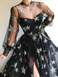 Promfast Popular Black Illusion Star Printed Long Sleeves Tulle A-Line Prom Dresses HZ0527