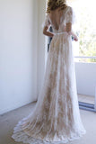 Romantic A-line Backless Lace Short Sleeves V Neck Long Wedding Dress HZ0527