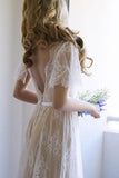 Romantic A-line Backless Lace Short Sleeves V Neck Long Wedding Dress HZ0527