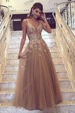 Charming A-Line Deep V-Neck Tulle Prom Dress with Appliques HZ0527
