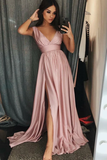 Promfast A-Line V-Neck Sleeves Pink Satin Prom/Evening Dress With Split HZ0527