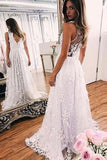 A-line White Lace V-neck Sleeveless Evening Prom Dresses With Sweep Train HZ0527