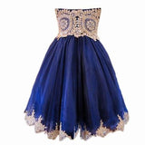 A Line Short Blue Gold Lace Appliques Prom Dresses Homecoming Dresses HZ0527