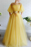 Promfast Modest Yellow Short Sleeves Long Prom Dresses A Line Tulle Evening Gown HZ0527