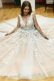 Elegant A-Line V-Neck Long Tulle Backless Wedding Dress with Beading Appliques HZ0527