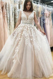 Elegant A-Line V-Neck Long Tulle Backless Wedding Dress with Beading Appliques HZ0527