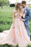 Blush Pink Long Tulle Appliques Wedding Dress With Cathedral Train,Prom Dresses HZ0527