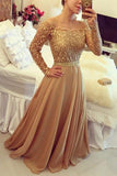 2025 Golden Off Shoulder Long Sleeve Chiffon A Line Party Prom Dresses For Women HZ0527