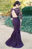 Gorgeous Half Sleeves Mermaid Long Purple Lace Open Back Bridesmaid Dress HZ0527