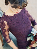 Gorgeous Half Sleeves Mermaid Long Purple Lace Open Back Bridesmaid Dress HZ0527