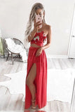 Two Piece Strapless Floor-Length Red Chiffon Prom Dress with Appliques HZ0527