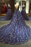 Chic A-line Ball Gown Dark Navy Sweep Train Tulle Modest Rhinestone Long Prom Dresses HZ0527