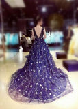 Chic A-line Ball Gown Dark Navy Sweep Train Tulle Modest Rhinestone Long Prom Dresses HZ0527