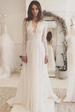 Off White Chiffon Long Sleeves Wedding Dress,Simple A Line V Neck Lace Prom Dress HZ0527