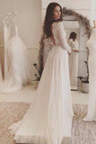 Off White Chiffon Long Sleeves Wedding Dress,Simple A Line V Neck Lace Prom Dress HZ0527