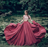 Charming Red Short Sleeves Lace Scoop A Line Two Pieces Long Formal Prom Dress HZ0527