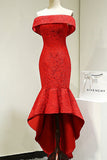 Red Long Lace Elegant Off Shoulder Mermaid High-Low Lace Up Prom Dresses HZ0527