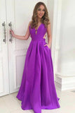 Simple A-Line Deep V-Neck Backless Long Purple Satin Prom Dress with Pockets HZ0527