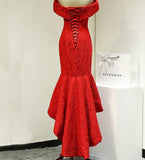 Red Long Lace Elegant Off Shoulder Mermaid High-Low Lace Up Prom Dresses HZ0527