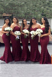 Elegant Sweetheart Strapless Burgundy Lace Mermaid Cheap Long Bridesmaid Dresses HZ0527
