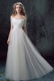 Simple Tulle Off Shoulder Floor-Length Short Sleeves A-line Lace Up Back Wedding Dress HZ0527